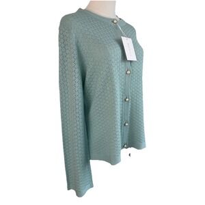 Ravella Shelly Knitted Cardigan Silk Cashmere Large Pearl Buttons Green NWT $395